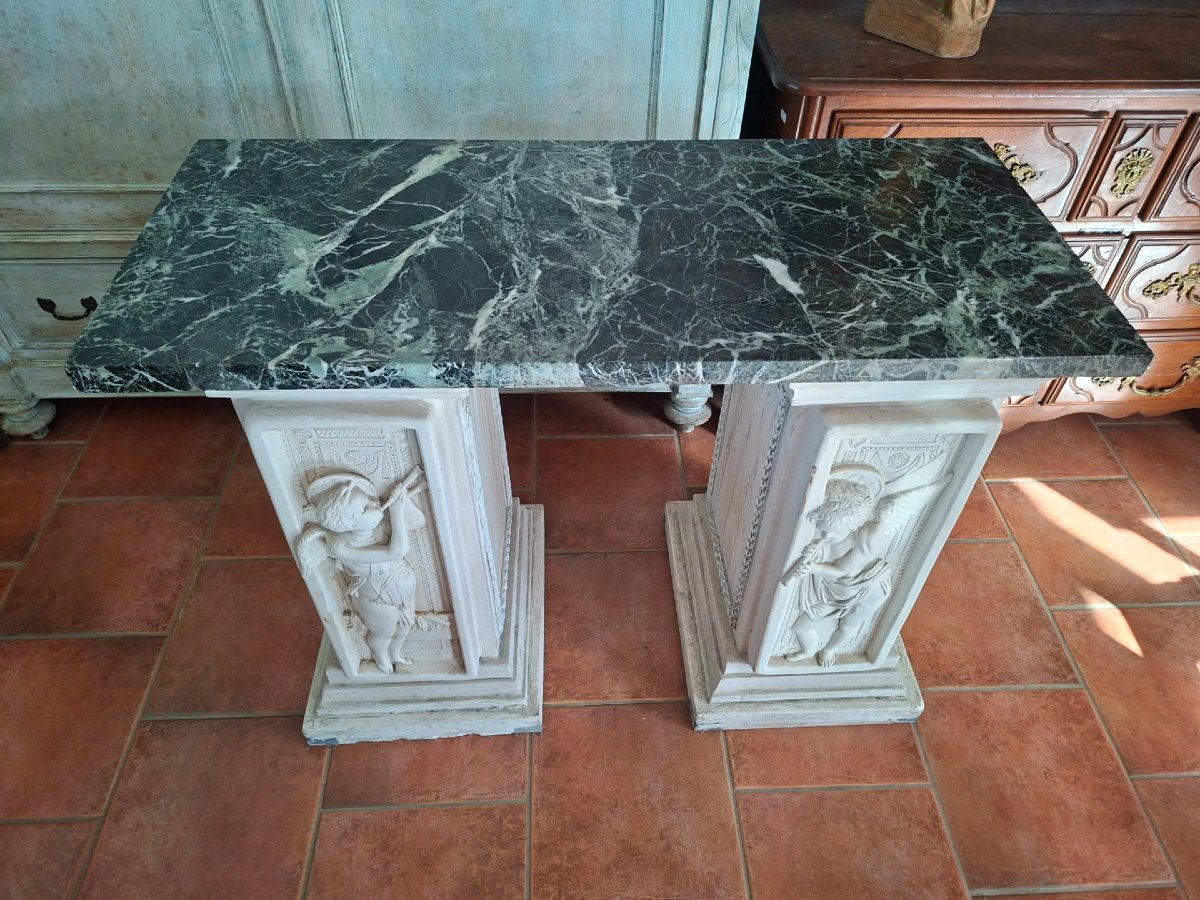 Tavolo da centro, base in gesso e piano in marmo.-photo-6