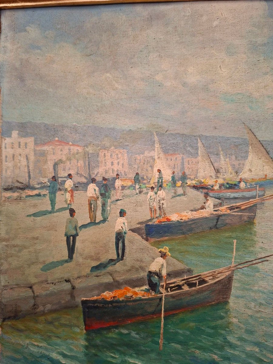 Scuola napoletana, Marina, olio su tela con corice dorata-photo-4