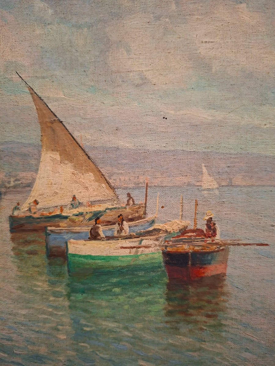 Scuola napoletana, Marina, olio su tela con corice dorata-photo-1