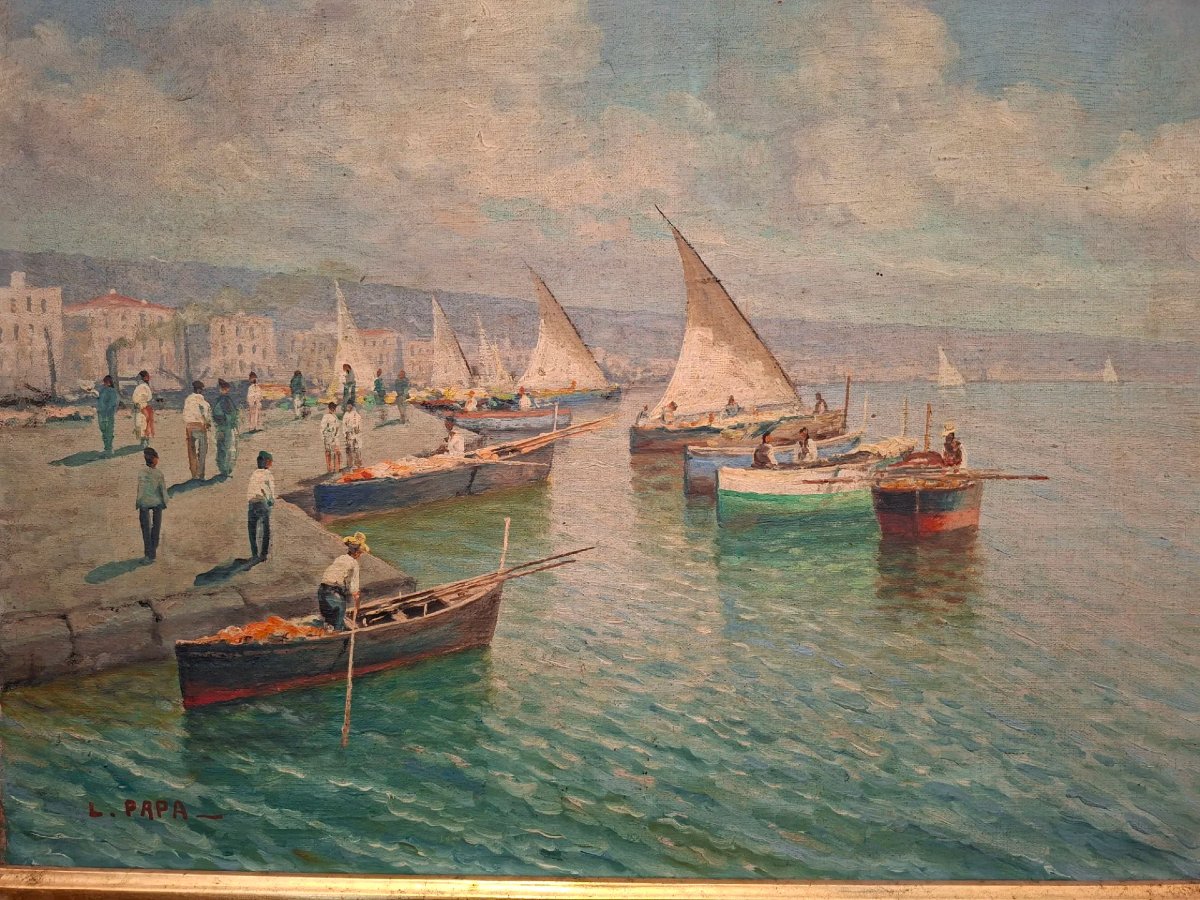 Scuola napoletana, Marina, olio su tela con corice dorata-photo-5