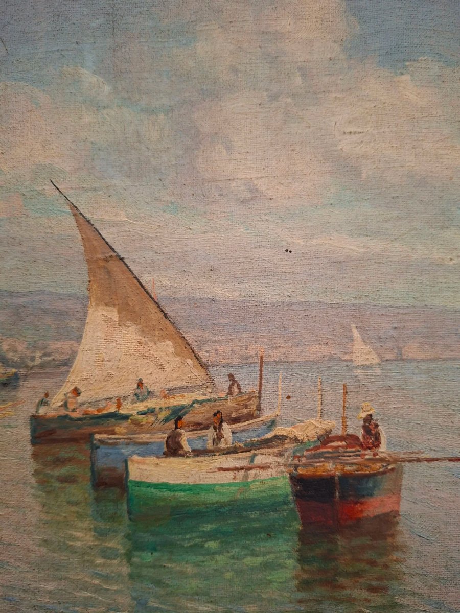 Scuola napoletana, Marina, olio su tela con corice dorata-photo-6