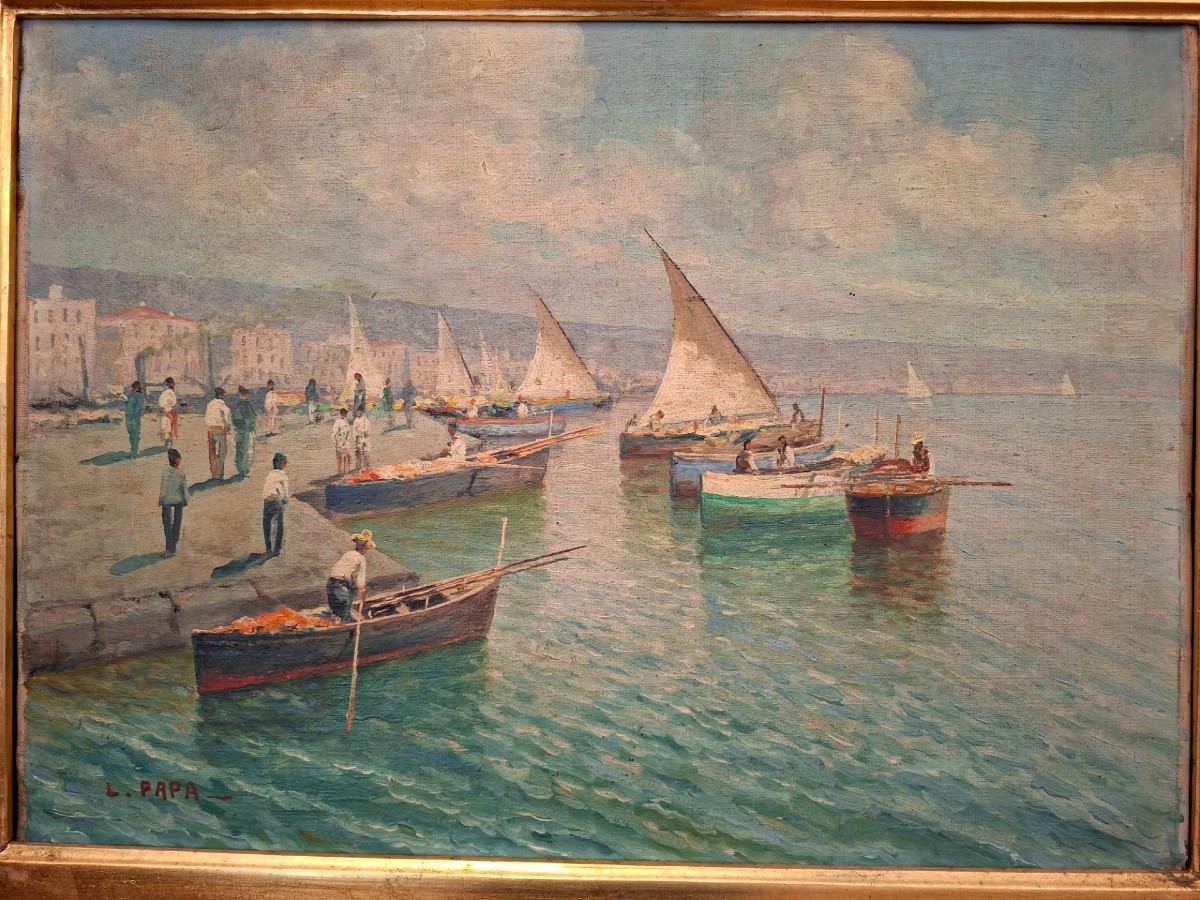 Scuola napoletana, Marina, olio su tela con corice dorata
