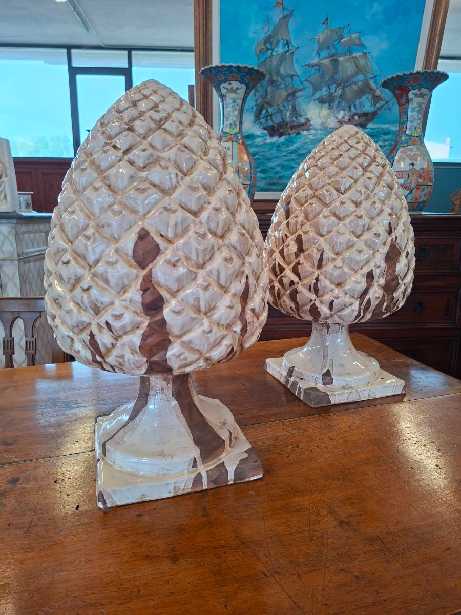Coppia di pigne in ceramica color avorio-photo-2