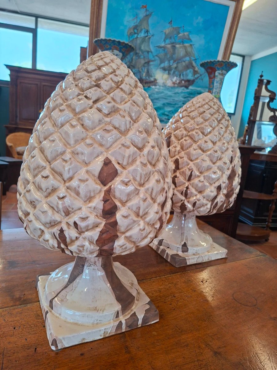Coppia di pigne in ceramica color avorio-photo-4