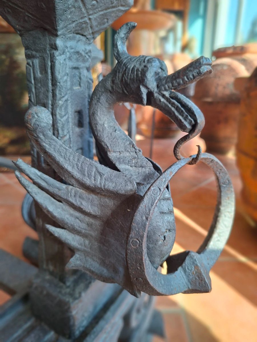Coppia di grandi alari monumentali in ferro-photo-4