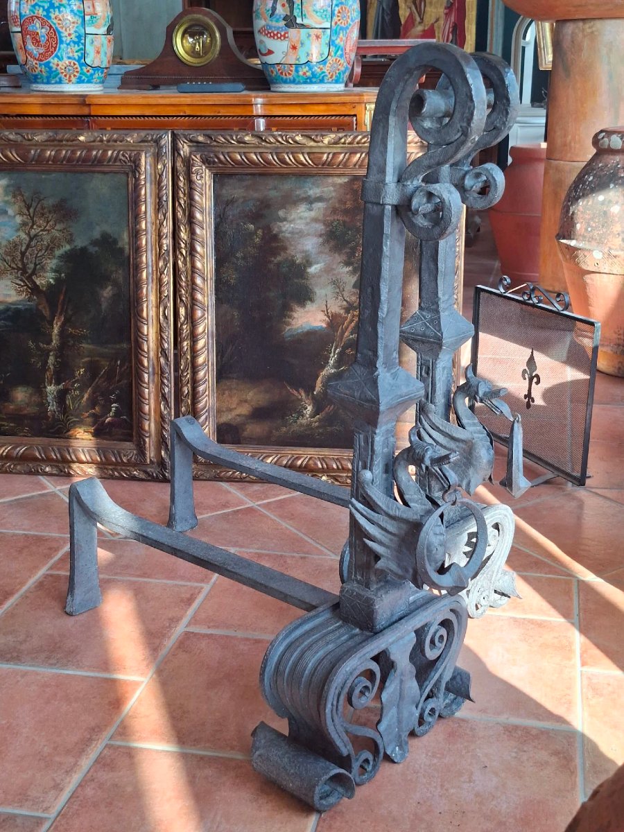 Coppia di grandi alari monumentali in ferro-photo-2