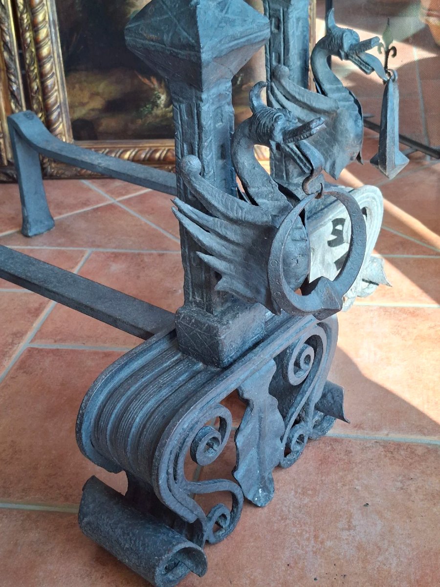 Coppia di grandi alari monumentali in ferro-photo-3
