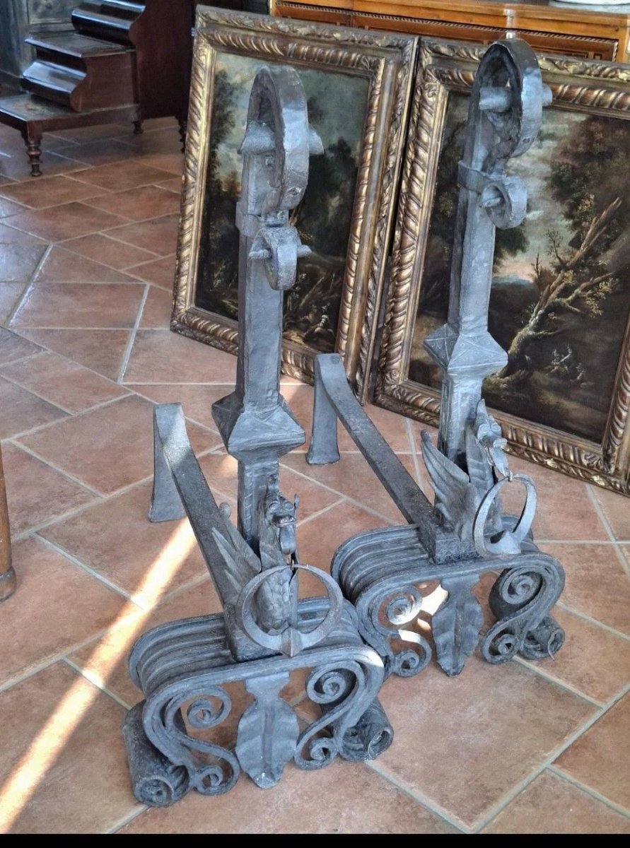 Coppia di grandi alari monumentali in ferro-photo-6