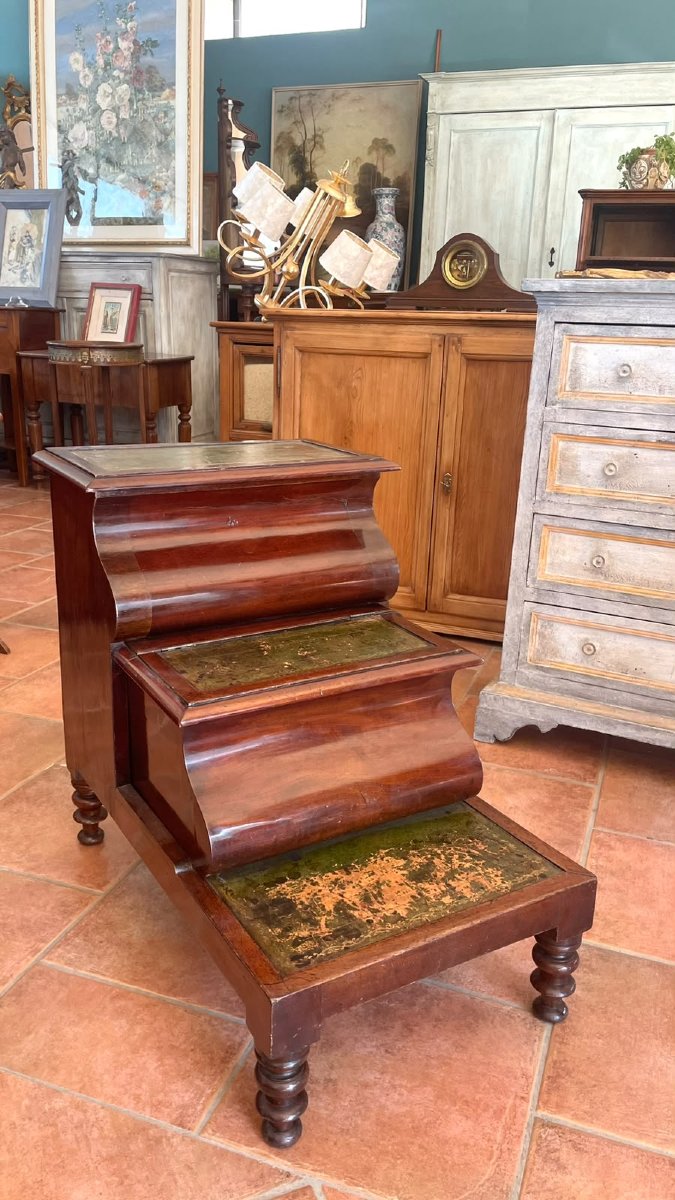 Scaletta da biblioteca in mogano e pelle bulinata