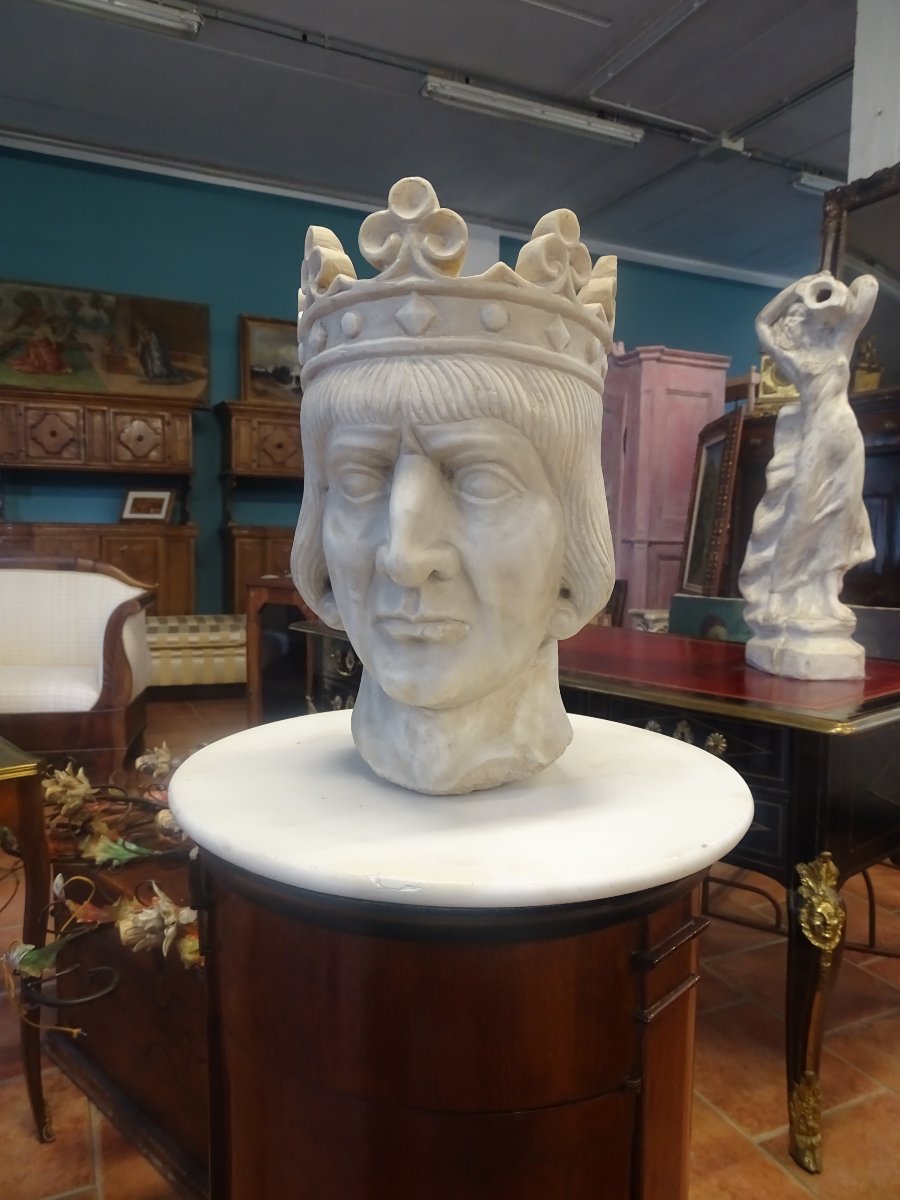 Scultura marmorea: Testa coronata di re medievale-photo-6