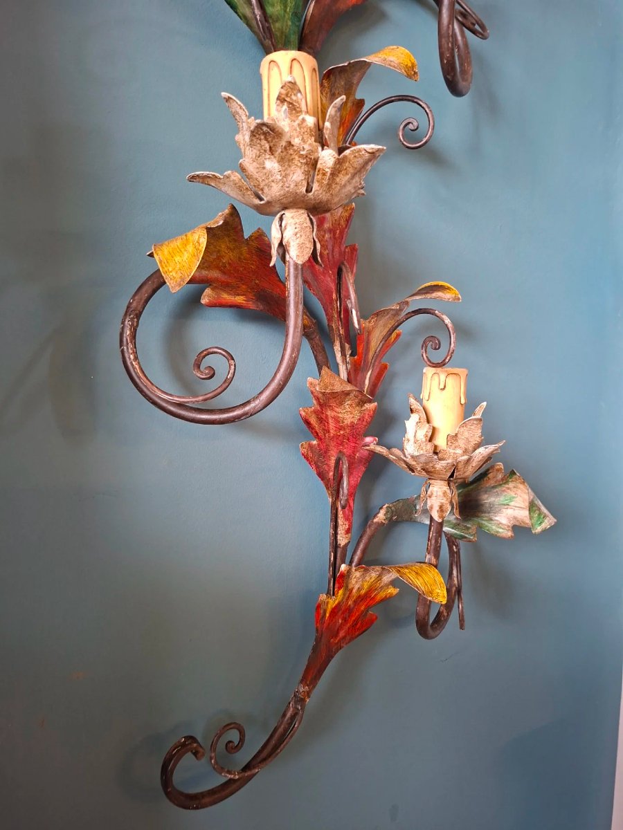 Grandi appliques in ferro battuto con motivi floreali dipinto-photo-3
