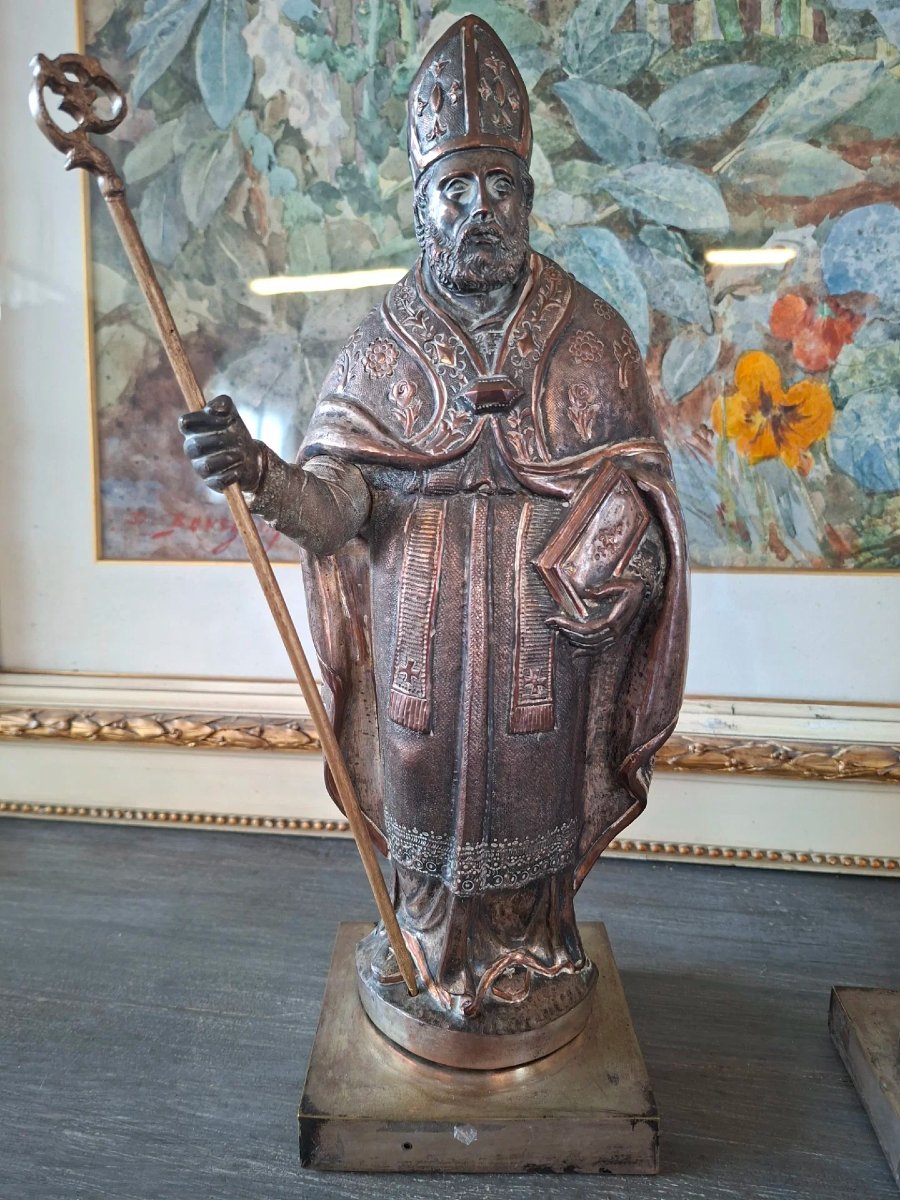 Coppia di sculture in legno e rame argentato-photo-1