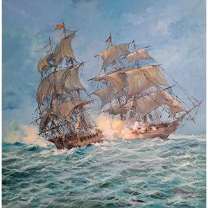 Norberto Martini, Battaglia in alto mare, olio su tela