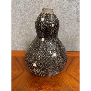 Important Orientalist Vase In Textured Black Ceramic, With Mother-of-pearl Inlays