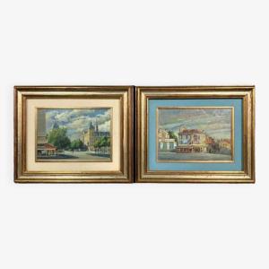 Pietro Boyer 1971: Pair Of Paintings Views Of Paris Located At Le Châtelet And Rue De Sèvres