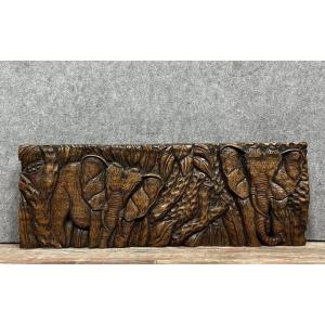 Central Africa 20th Century: Wooden Panel Carved In Bas-relief Of Elephants