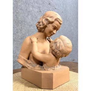 Maternity, Terracotta Sculpture Signed D.daniel