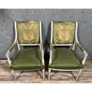 Pair Of Louis XVI Style Armchairs In Lacquered Wood 