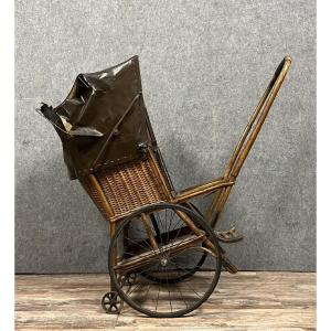 Antique Rattan Stroller With Leather Hood 