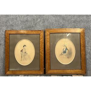 Warin 1874: Pair Of Watercolor Drawings From The Napoleon III Period, Signed And Dated