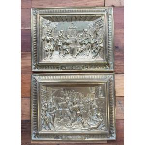 Raphael: 2 Bas Reliefs In Repoussé Copper Depicting Framed Animated Scenes