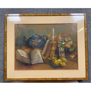 Large Oil Pencil Painting Depicting Objects On A Flowery Entablature