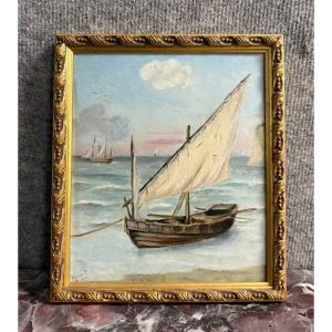 Marie C: Oil Painting On Canvas Marine With Sailboat Napoleon III Period