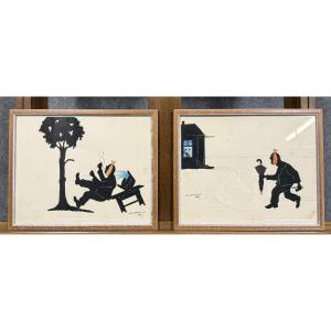 Marimag XXth: Original Humorous Ink Paintings Signed Circa 1950