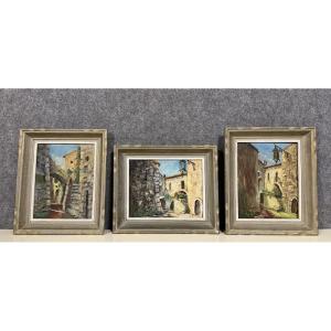 J. Baracco: Three Oils On Panel Streets Of The South Of France 