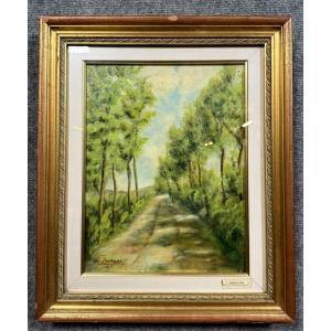 Oil On Panel Depicting A Green Landscape