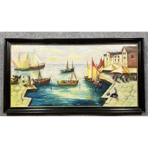 L. Moriaux Circa 1940: Large Oil Painting On Isorel Animated Port Landscape