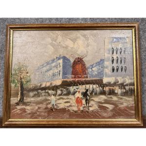 Oil On Panel Painting Depicting The Moulin Rouge In Paris