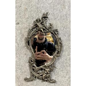 Louis XV Rocaille Style Hanging Mirror With Cherubs In Patinated Bronze 