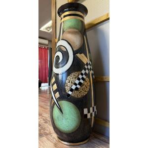 Monumental Terracotta Vase, Lacquered And Enameled, Height 110 Cm