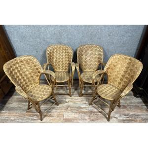 Set Of 4 Chestnut Woven And Curved Wood Armchairs
