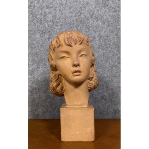 Terracotta Bust Of A Young Girl, Art Deco Period, By Jc Guéro
