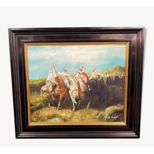 Orientalist School: Martine Rivart (1956) Oil On Canvas Painting The Desert Riders