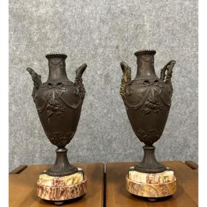 Pair Of Napoleon III Period Vases Or Cassolettes In Spelter And Marble