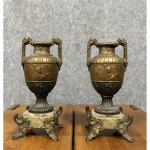 Pair Of Napoleon III Period Vases Or Casseroles In Spelter With Golden Patina