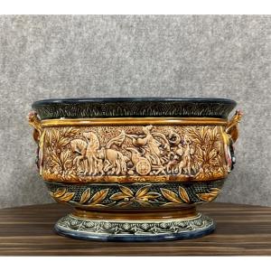 Large Planter In Colored Slip With Antique Decoration