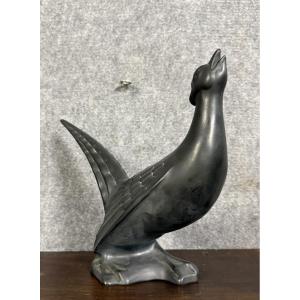Black Lacquered Ceramic From The Art Deco Period: Bird Signed Jean  