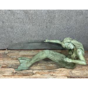 Bronze Mermaid Coffee Table With Green Patina 