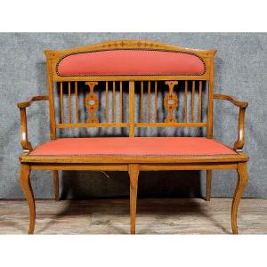 Art Nouveau Period Bench In Light Wood And Marquetry 