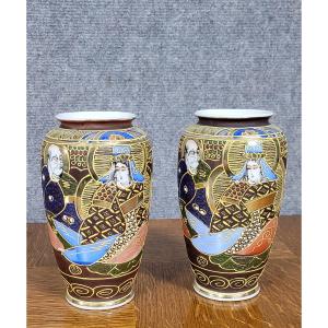 Asia 20th Century: Pair Of Satsuma Enameled Porcelain Vases  