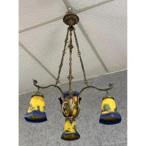 After Muller By Lafite: Bronze And Glass Paste Chandelier, Art Nouveau Period, Circa 1900