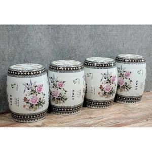 Asia 20th Century: 4 Painted Porcelain Stools With Floral And Calligraphy Decorations