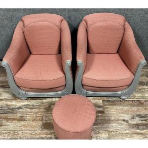 Pair Of Bergère Armchairs + 1 Art Deco Pouf In Lacquered Wood