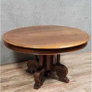 Honoré Dufin: Walnut Pedestal Table With Extensions, Stamped Napoleon III Period