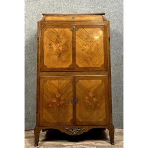 Louis XV Style Secretary In Precious Wood Marquetry With Floral Decorations Circa 1900