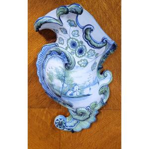 Glazed Ceramic Bouquetiere Painted With A Lake Landscape